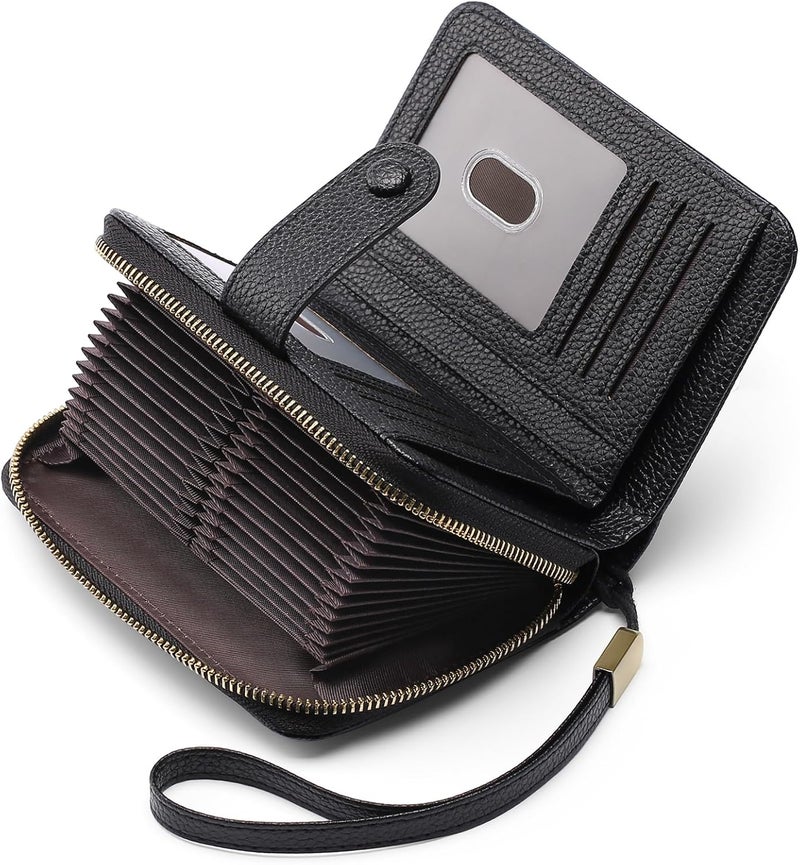 GAEKEAO Leather Credit Card Holder Wallet for Women RFID Blocking Large Capacity Bifold Zipper Card Case Organizer with Wristlet 32 Slots - Image 1